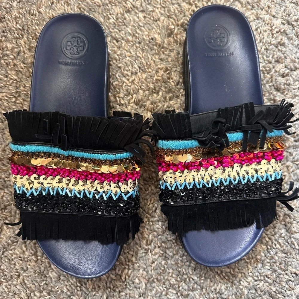 Tory Burch Isle Slide Slipon Sandal Navy Black Sequin Size 7.5